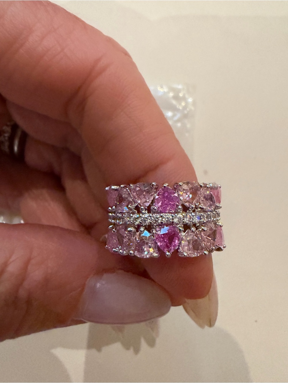 Triple-Row Pink Crystal Statement Ring with Silver Band unicorn!🦄